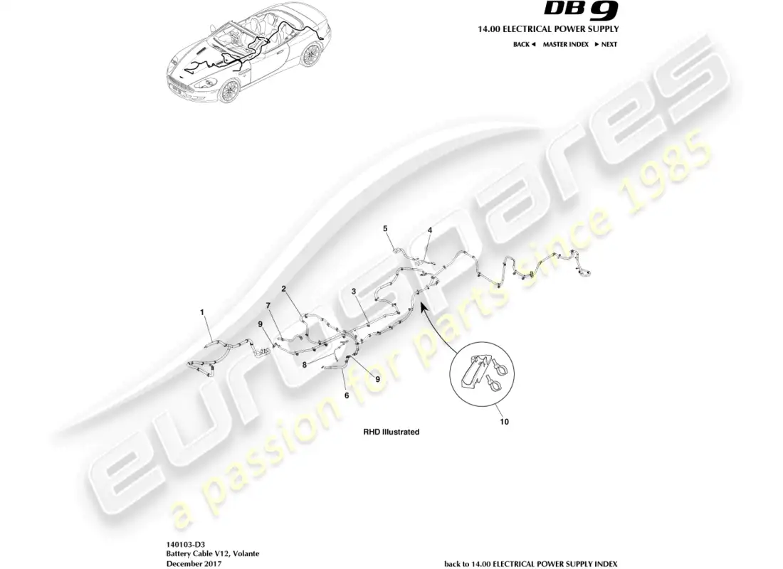 aston martin db9 (2007) cables bettery, volante diagrama de piezas