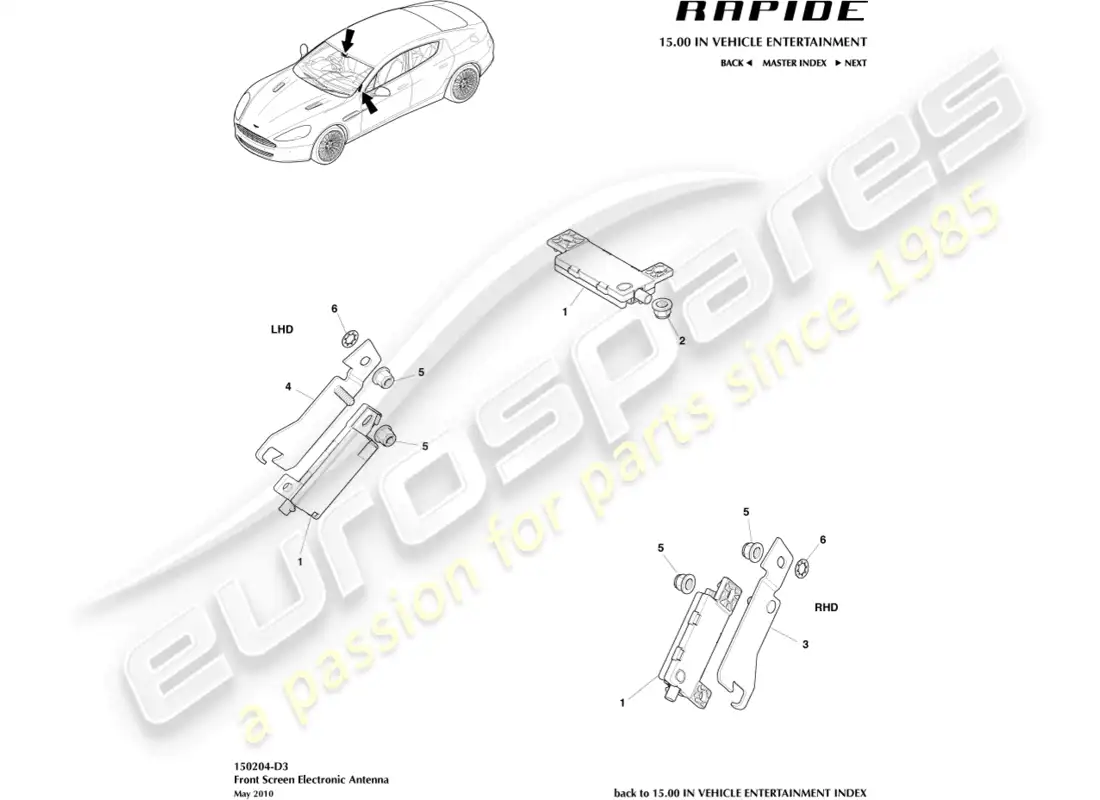 aston martin rapide (2010) antena electrónica, hasta 13my diagrama de piezas