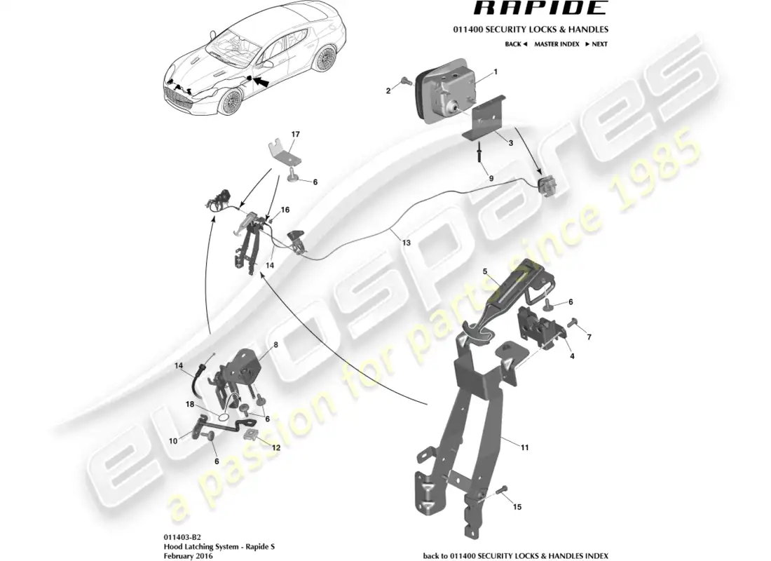 aston martin rapide (2016) sistema de cierre del capó, s diagrama de piezas