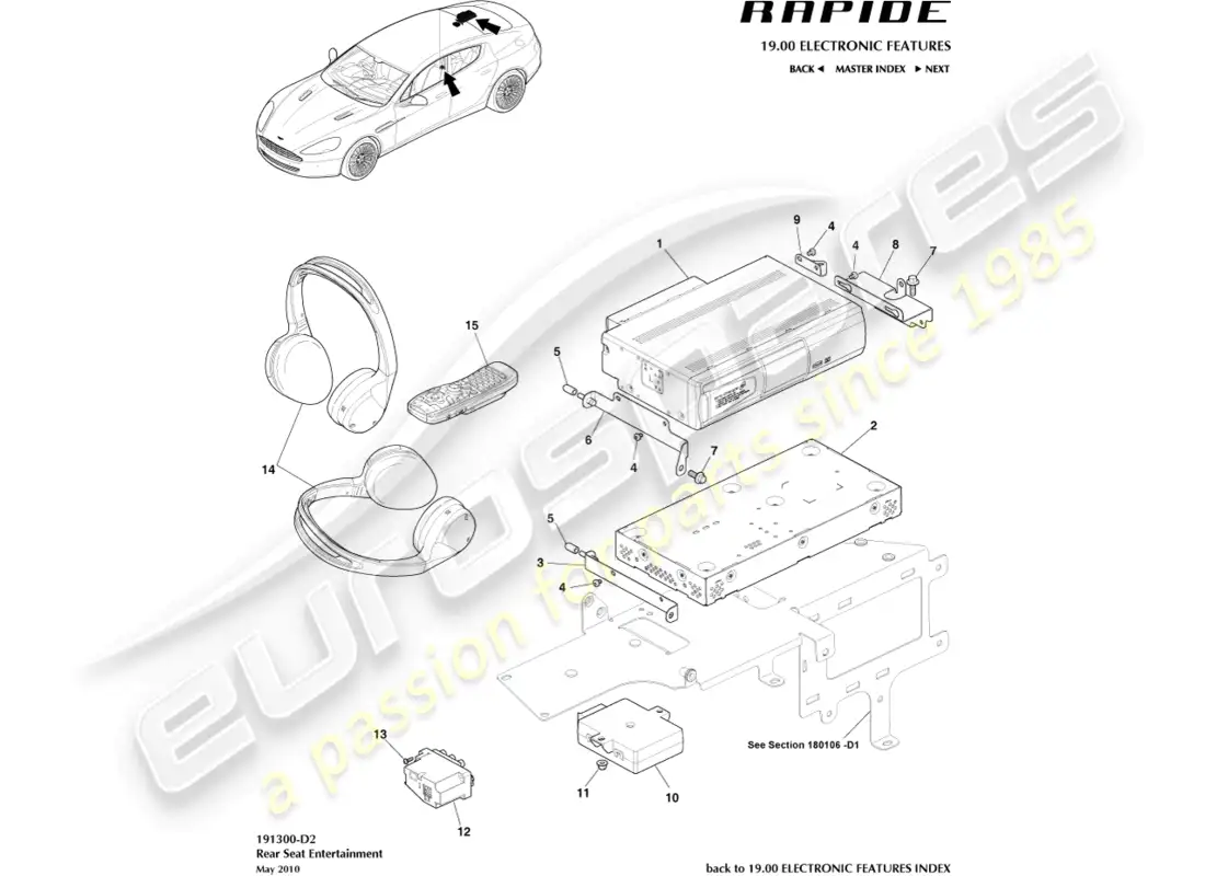 aston martin rapide (2010) entretenimiento en el asiento trasero diagrama de piezas