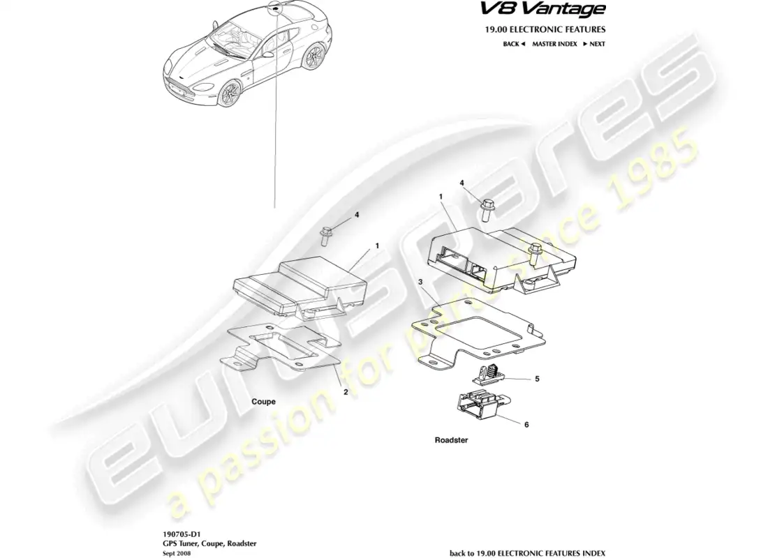aston martin v8 vantage (2008) diagrama de piezas del sintonizador gps