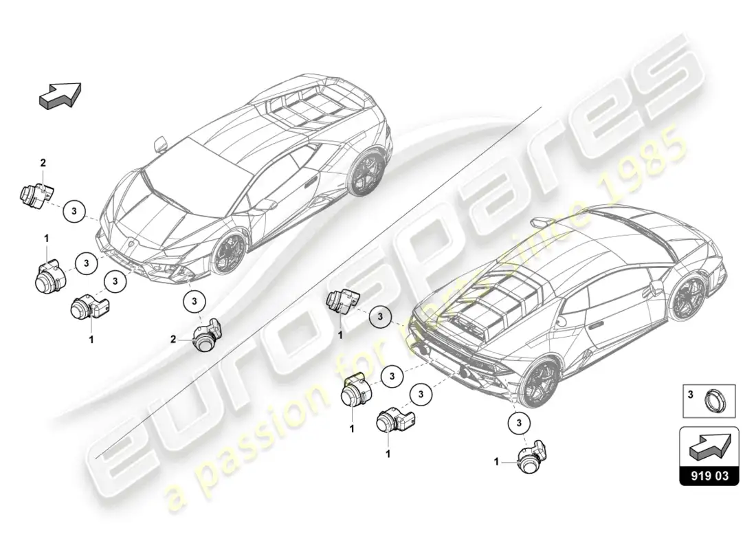 lamborghini evo spyder (2022) ayuda al aparcamiento diagrama de piezas