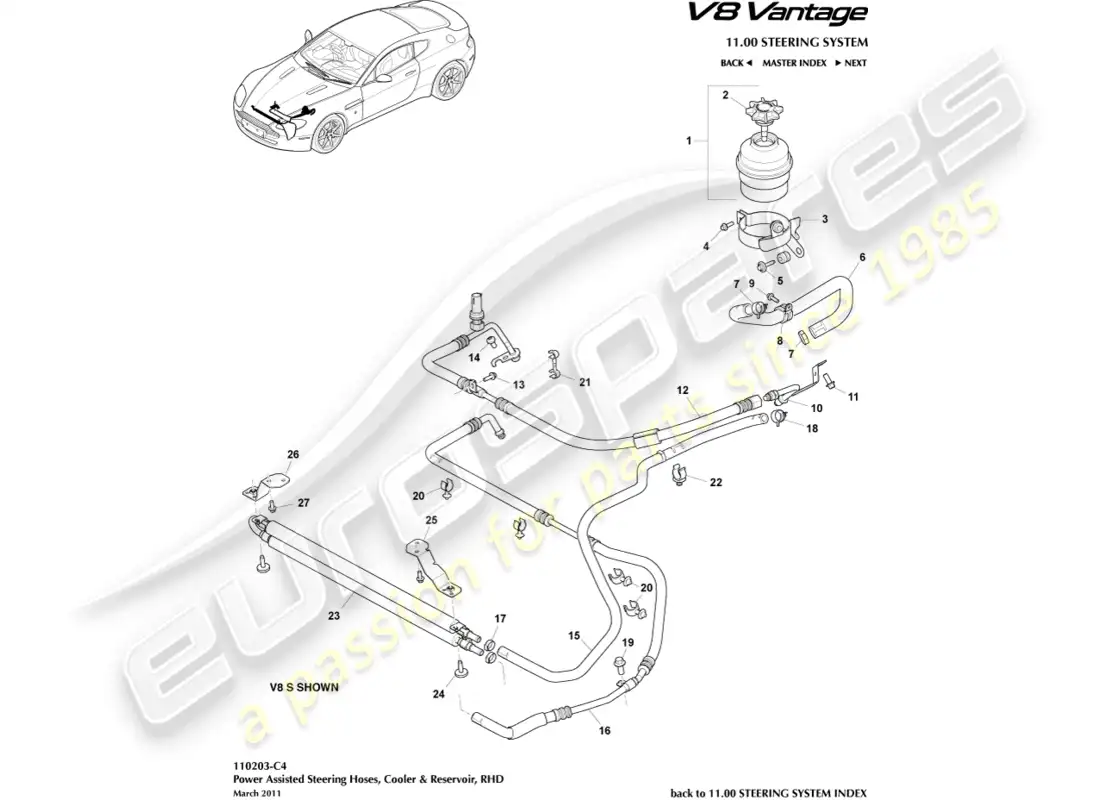 aston martin v8 vantage (2008) diagrama de piezas del enfriador, mangueras y depósito, lado derecho