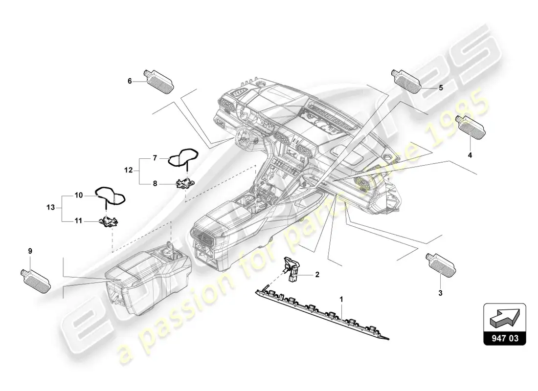 lamborghini urus s (2024) iluminación para consola central diagrama de piezas