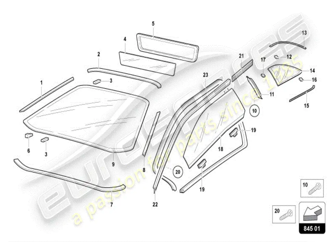 lamborghini diablo vt (1996) diagrama de piezas de vidrios para ventanas