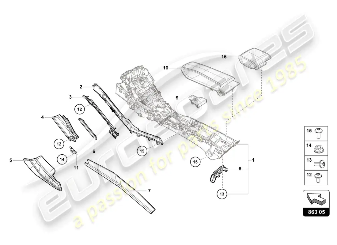 lamborghini evo coupe 2wd (2022) adorno del túnel diagrama de piezas