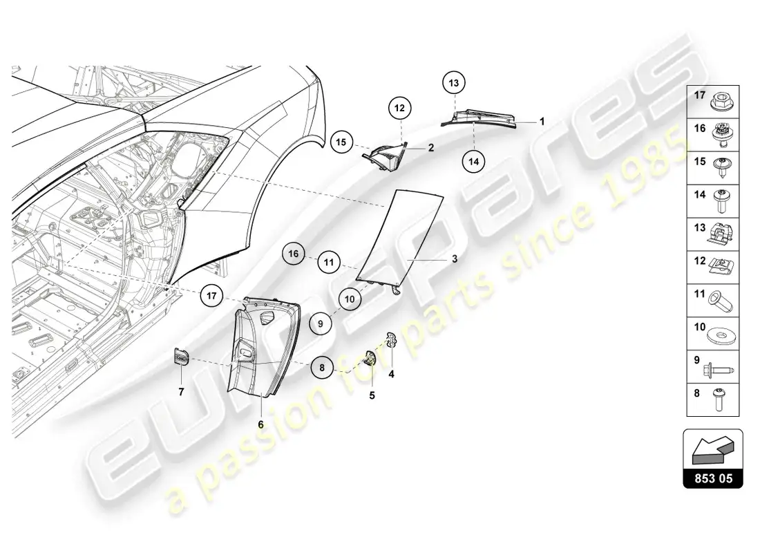 lamborghini evo coupe 2wd (2023) placa de cobertura para lateral diagrama de piezas