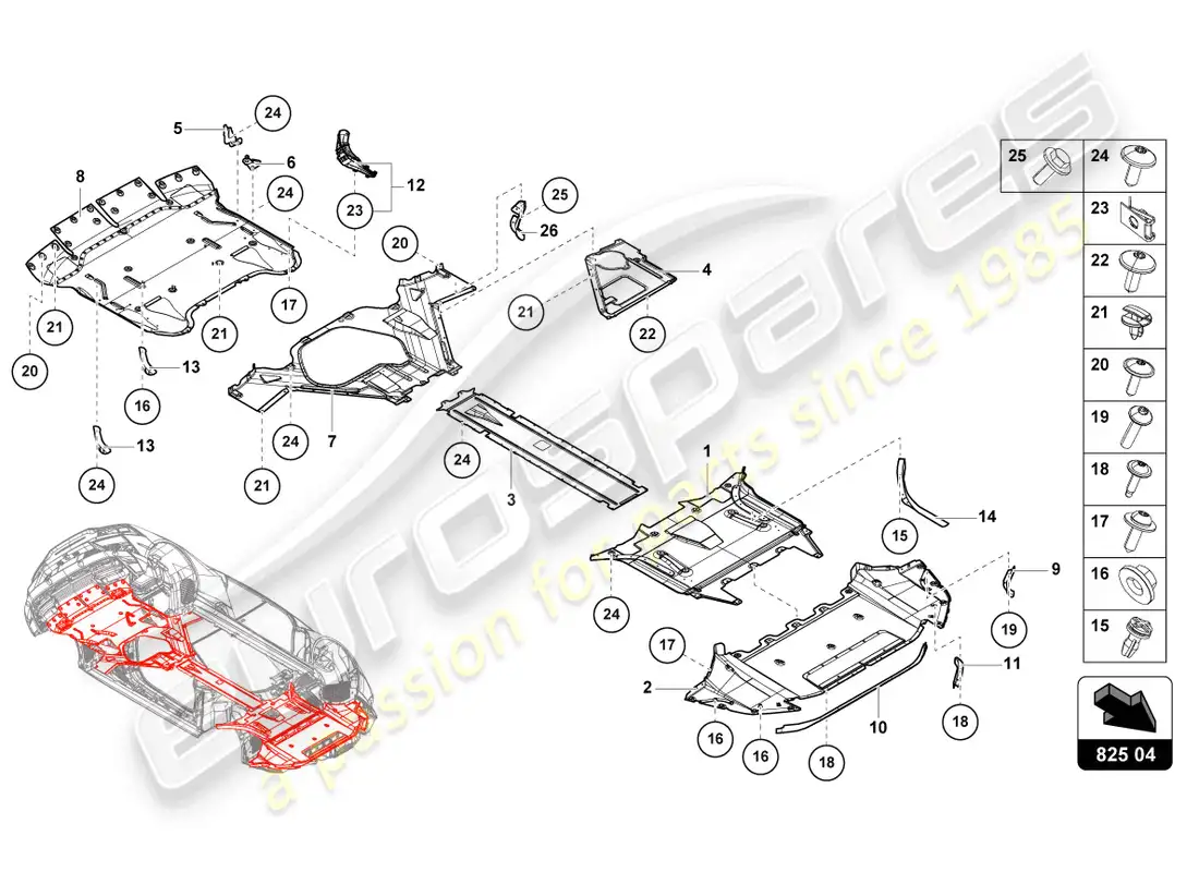 lamborghini evo spyder (2023) panel de adorno para la sección inferior del marco diagrama de piezas