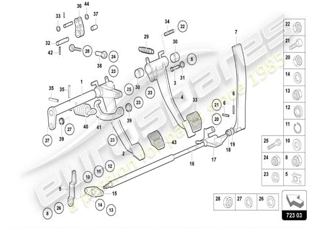 lamborghini diablo vt (1995) freno y aceleración. palanca mecanica. diagrama de piezas