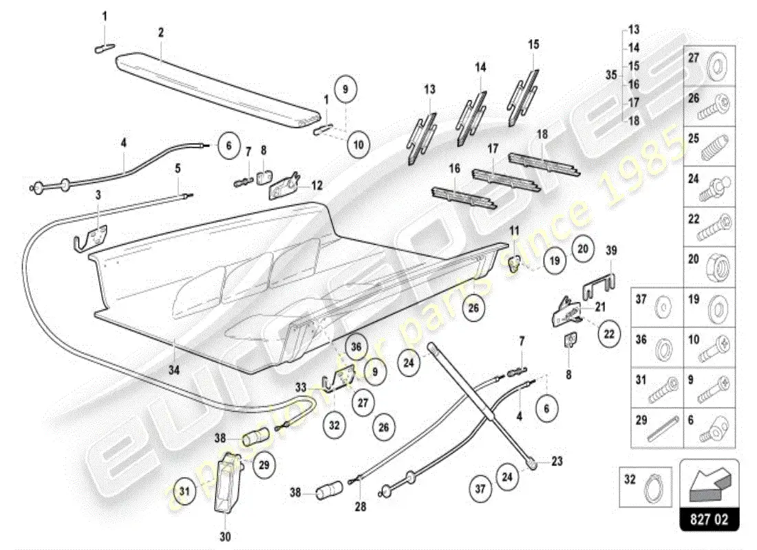 lamborghini diablo vt (1996) cubierta del motor con insp. diagrama de piezas de la cubierta
