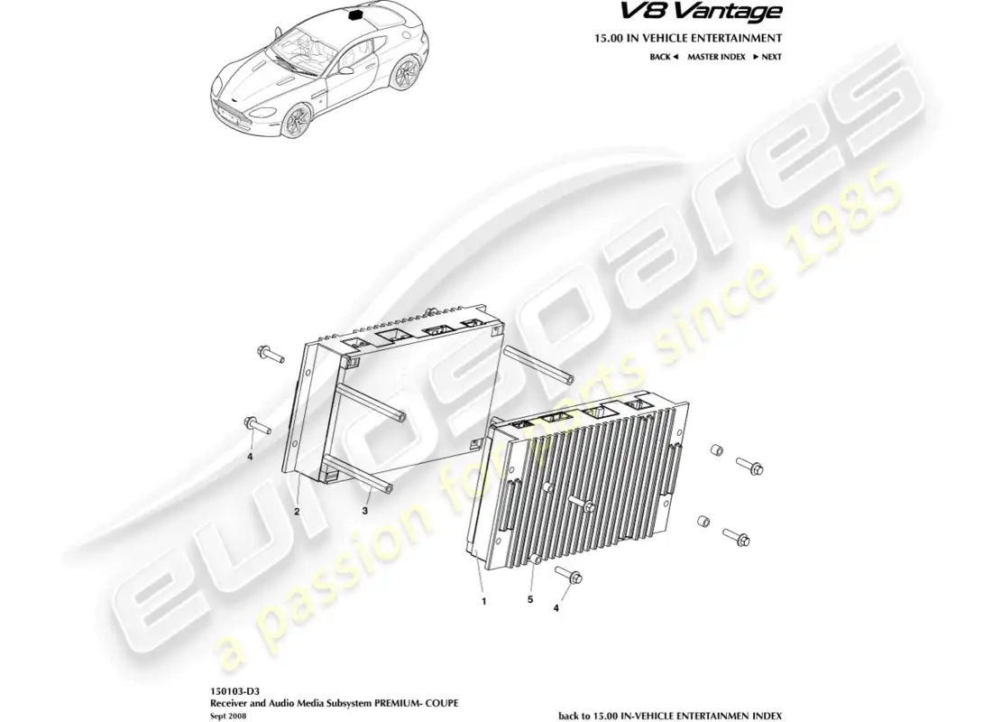 aston martin v8 vantage (2008) amplificadores premium, diagrama de piezas cupé