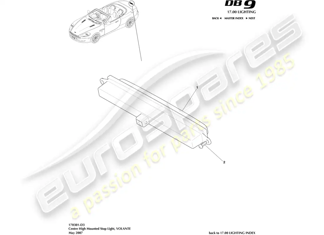 aston martin db9 (2006) luz de freno montada en alto, volante diagrama de piezas
