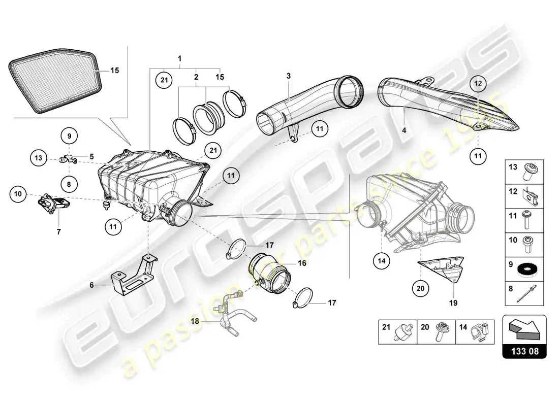 lamborghini evo coupe 2wd (2023) carcasa del filtro de aire diagrama de piezas