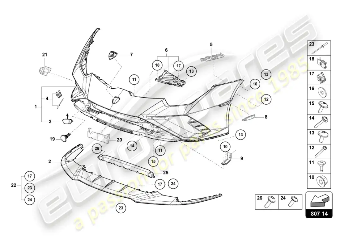 lamborghini evo coupe 2wd (2022) diagrama de pieza del parachoques delantero