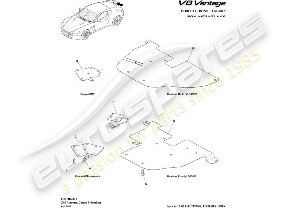 aston martin v8 vantage (2008) diagrama de piezas de la antena gps