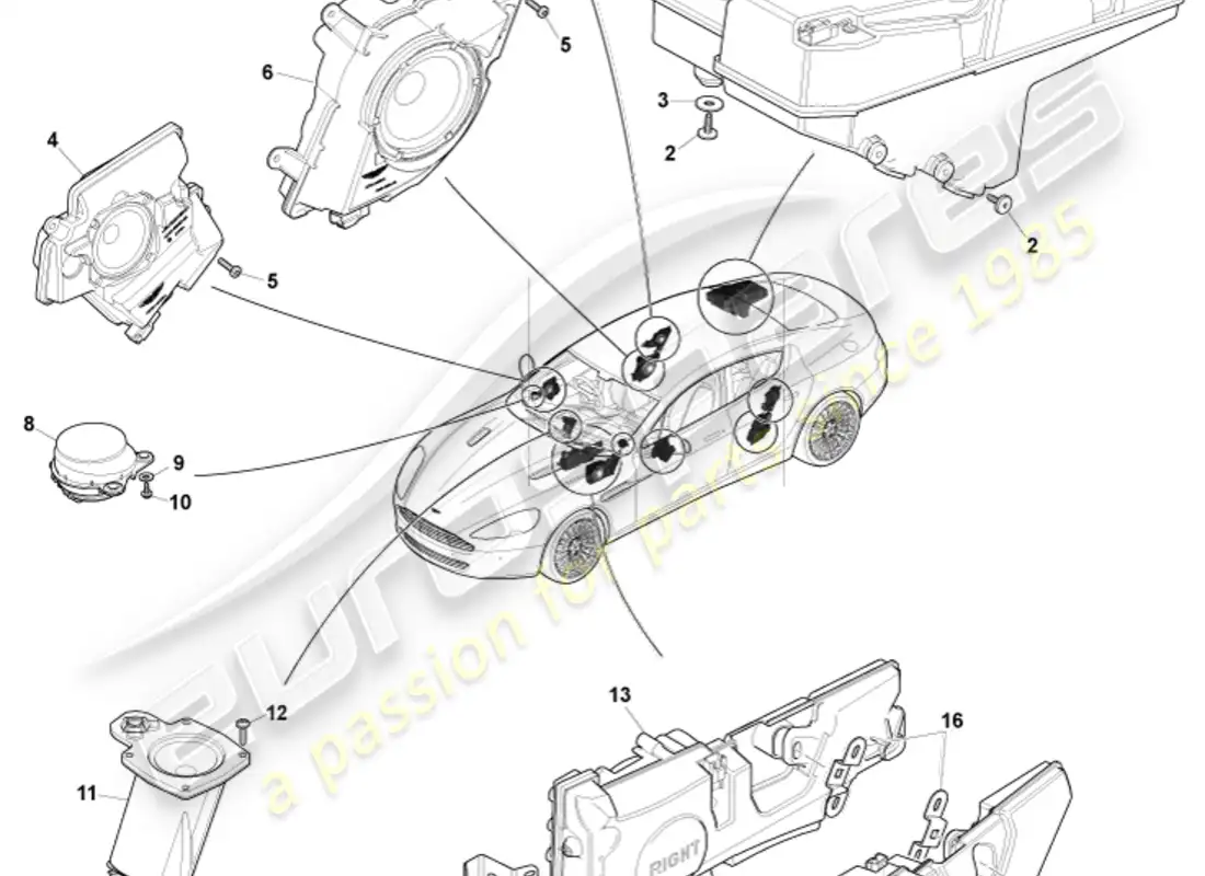 aston martin rapide (2019) altavoces, b&o diagrama de piezas