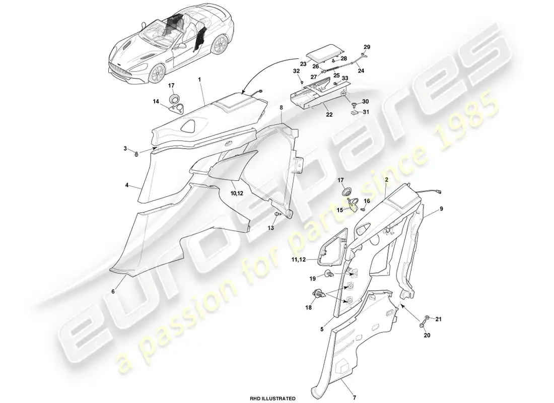 aston martin vanquish (2013) panel embellecedor del cuarto trasero, volante diagrama de piezas