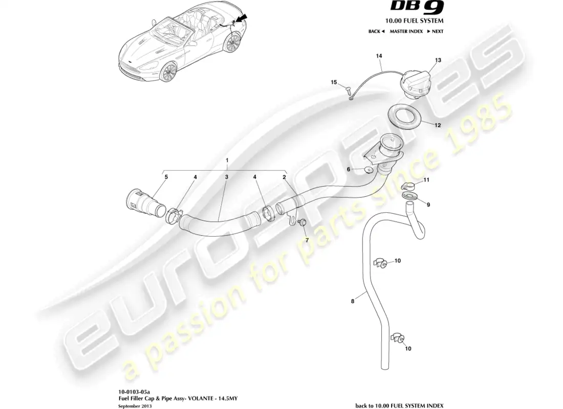 aston martin db9 (2013) conjunto de llenado de combustible, volante 14.5my diagrama de piezas