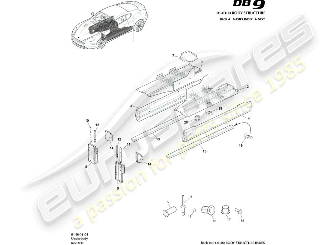 aston martin db9 (2016) diagrama de piezas de la parte de abajo