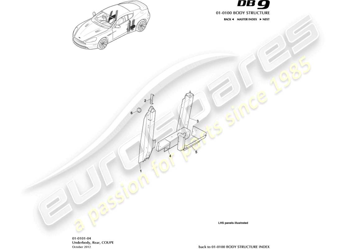 aston martin db9 (2015) diagrama de piezas de debajo de la carrocería, parte trasera y cupé