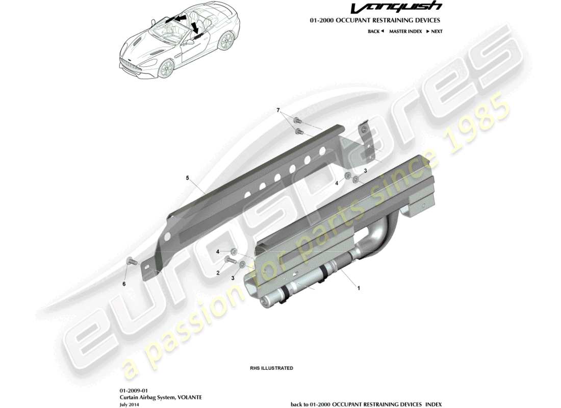aston martin vanquish (2016) airbag de cortina, diagrama de piezas de volante