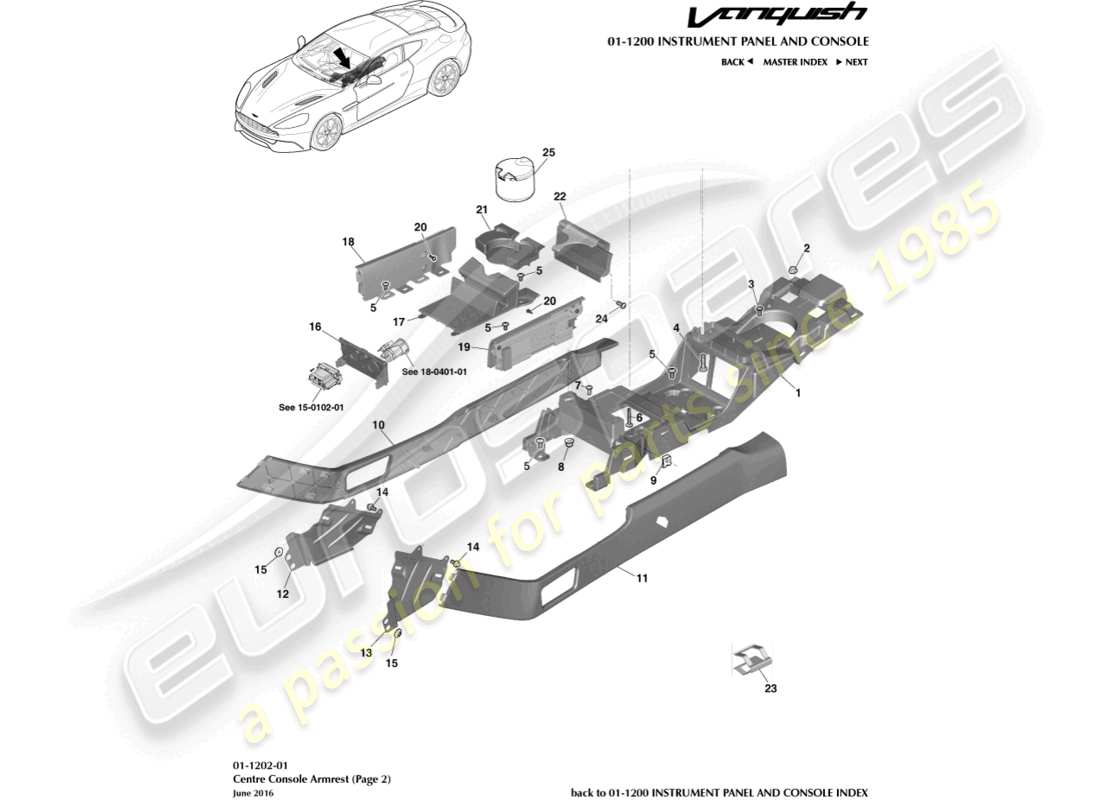 aston martin vanquish (2017) apoyabrazos de la consola central, página 2 diagrama de piezas