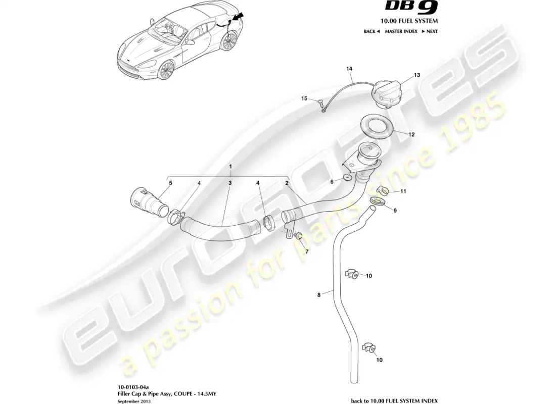 aston martin db9 (2016) conjunto de llenado de combustible, cupé 14.5my diagrama de piezas