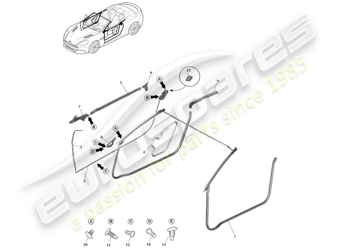 aston martin vanquish (2013) burletes para puertas, volante diagrama de piezas