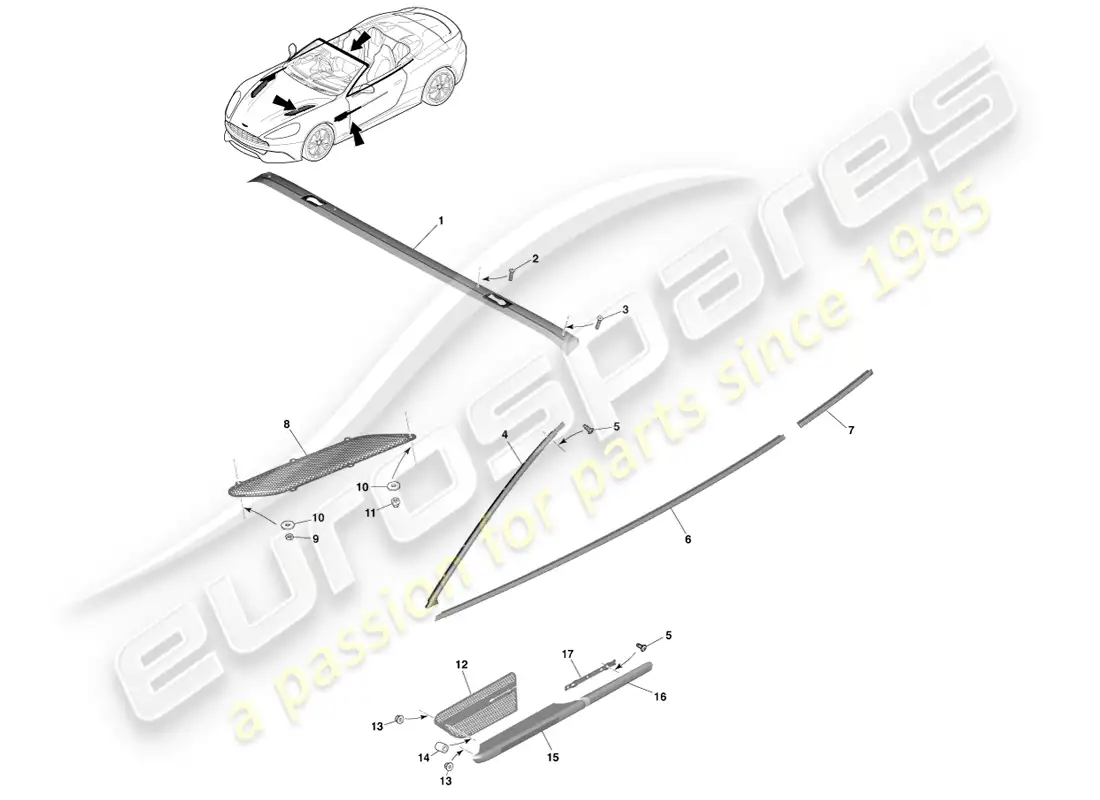 aston martin vanquish (2013) acabados exteriores superiores, volante diagrama de piezas