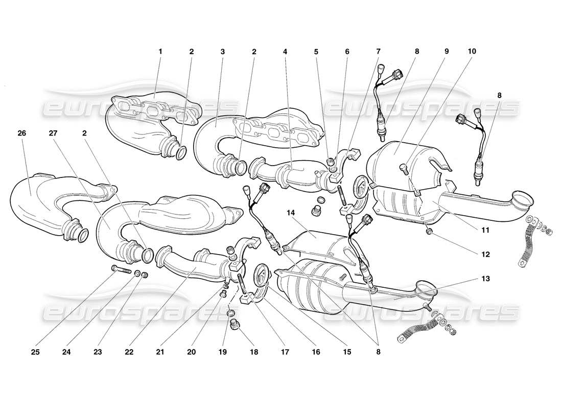 lamborghini diablo sv (1998) diagrama de piezas del sistema de escape (válido para ee. uu. y canadá: 1998 de noviembre)