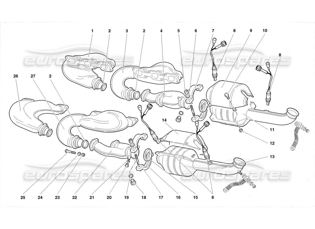 lamborghini diablo roadster (1998) diagrama de piezas del sistema de escape (válido para ee. uu. y canadá 1998)
