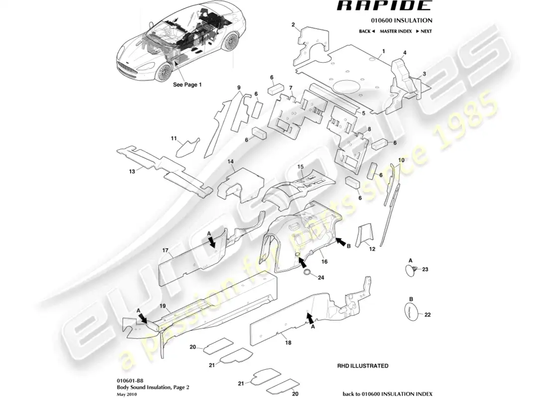 aston martin rapide (2011) aislamiento acústico, trasero diagrama de piezas