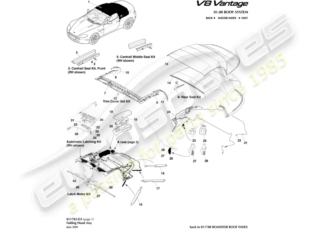 aston martin v8 vantage (2008) techo del roadster, page1 diagrama de piezas