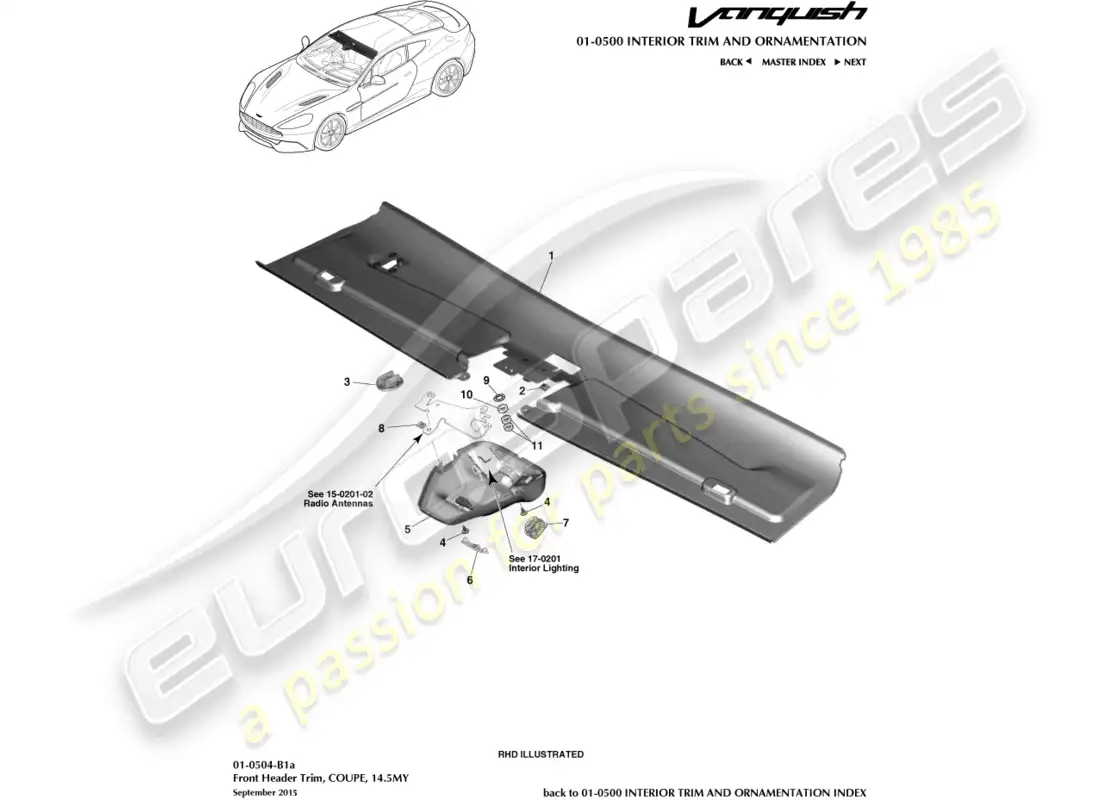 aston martin vanquish (2015) embellecedor del cabezal delantero, cupé 14.5my diagrama de piezas