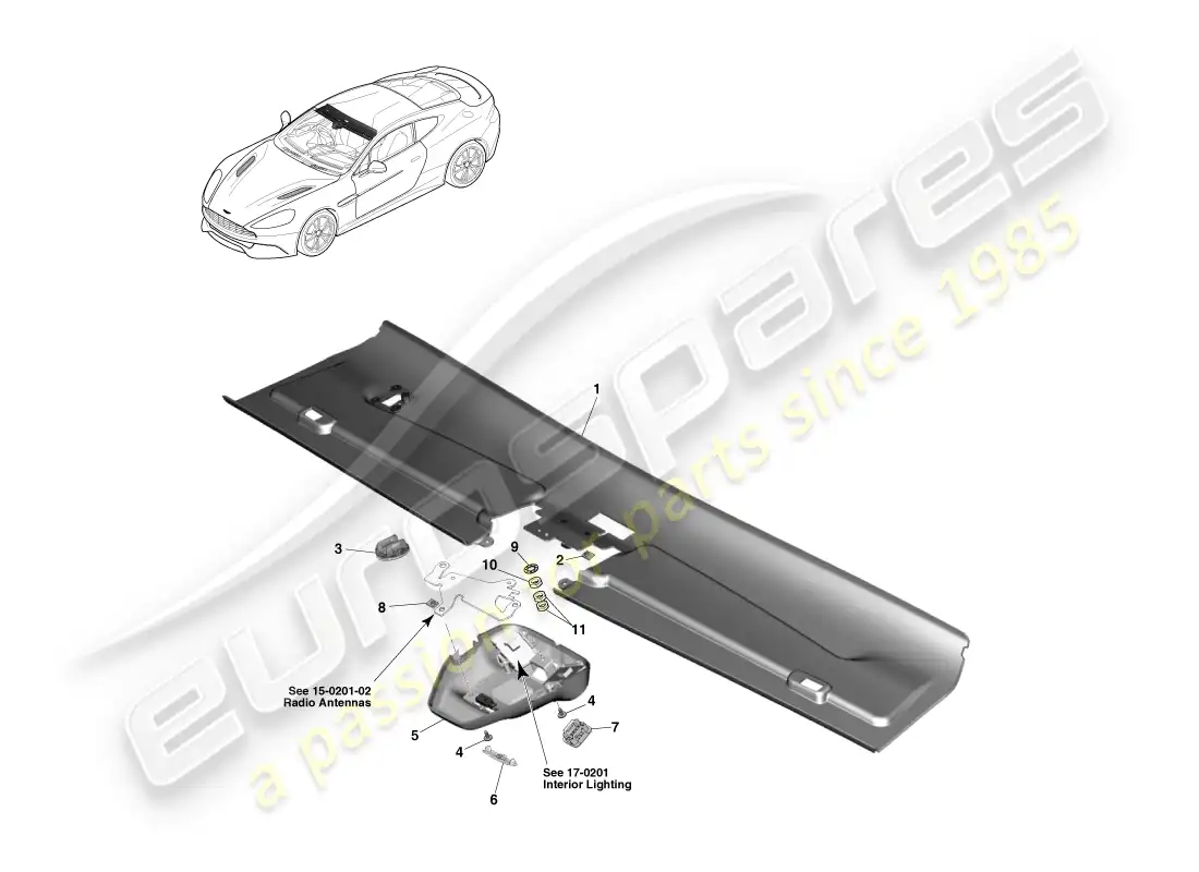aston martin vanquish (2013) embellecedor del cabezal delantero, cupé 14.5my diagrama de piezas