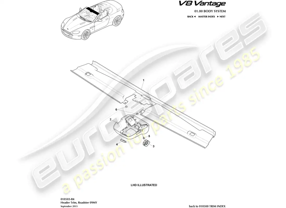 aston martin v8 vantage (2008) adorno de cabecera, diagrama de piezas del roadster 09my