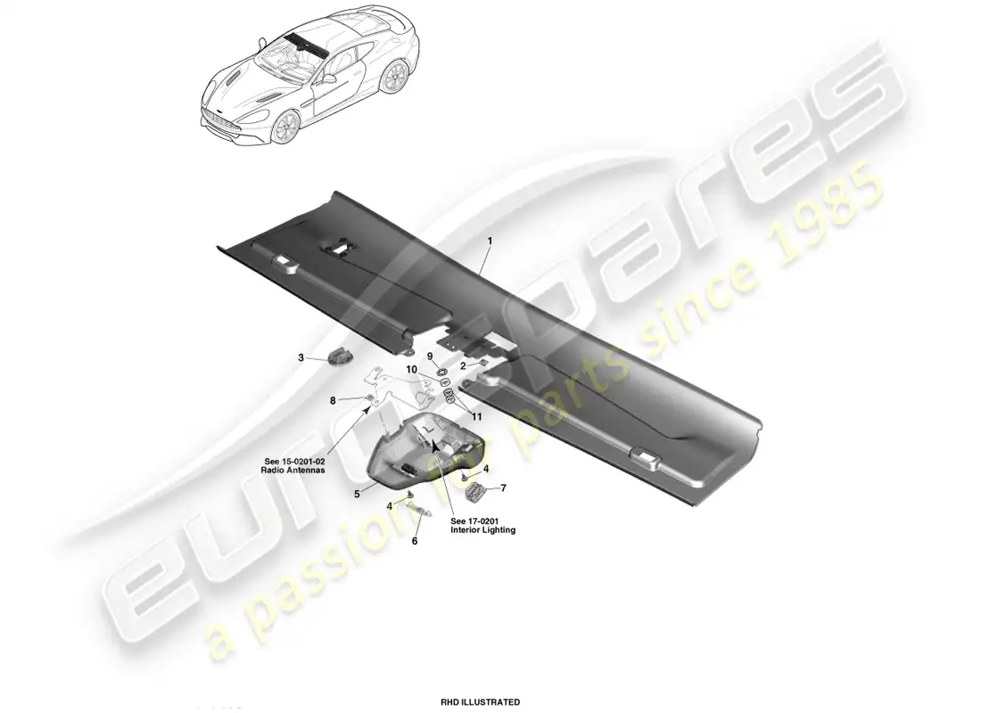 aston martin vanquish (2014) embellecedor del cabezal delantero, cupé 14.5my diagrama de piezas