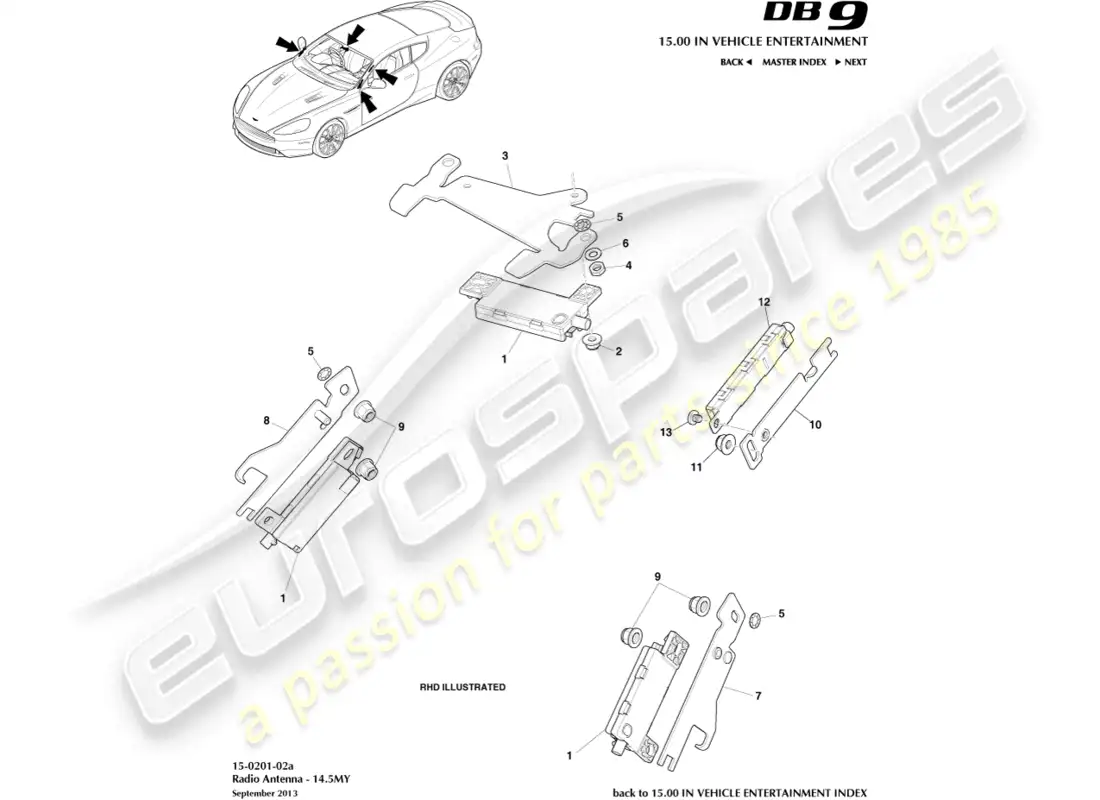 aston martin db9 (2015) antena de radio, 14.5my diagrama de piezas