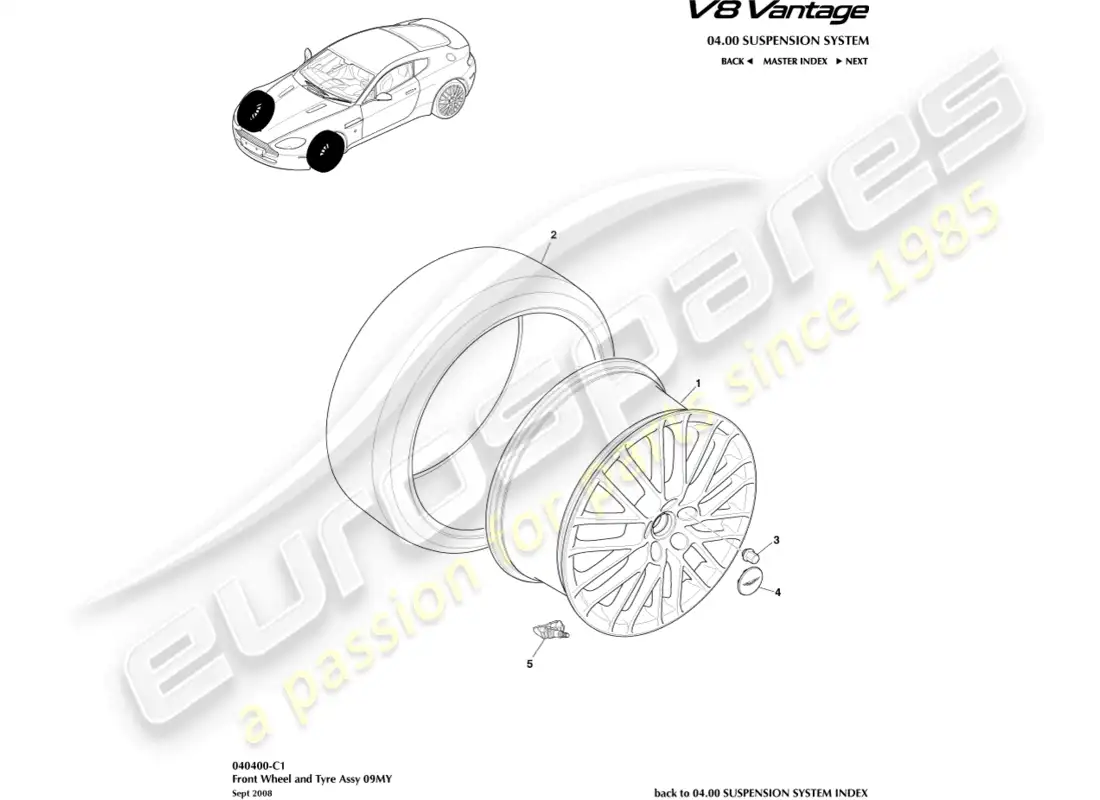 aston martin v8 vantage (2008) ruedas y neumáticos delanteros, diagrama de piezas de 09my a 12.25my