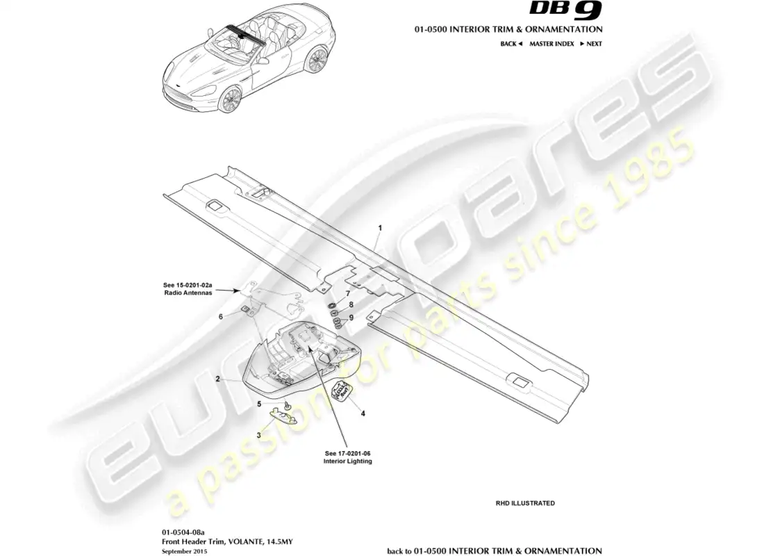 aston martin db9 (2015) borde del cabezal delantero, volante, 14.5my diagrama de piezas