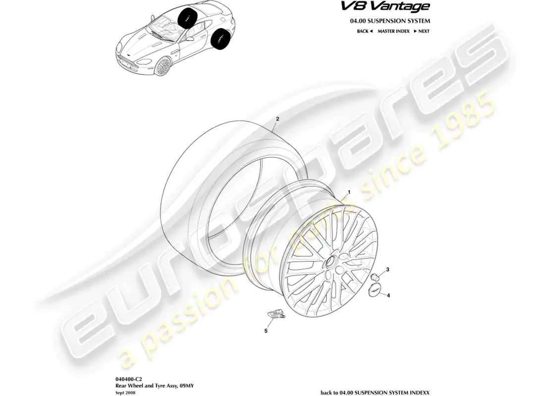 aston martin v8 vantage (2008) ruedas y neumáticos traseros, diagrama de piezas de 09my a 12.25my