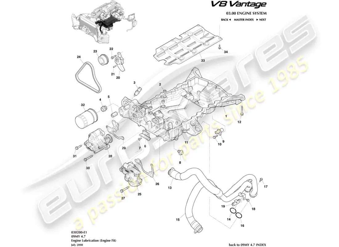 aston martin v8 vantage (2008) lubricación del motor, diagrama de piezas del motor