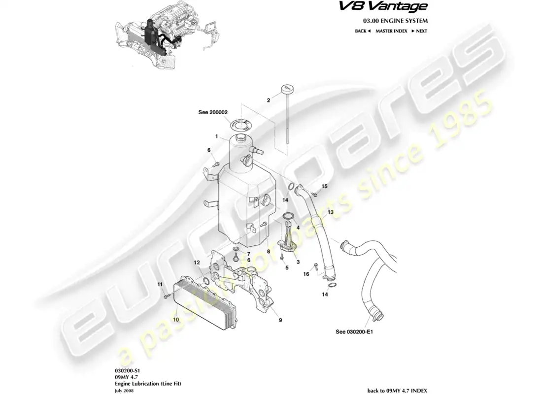 aston martin v8 vantage (2008) lubricación del motor, diagrama de piezas de ajuste de línea