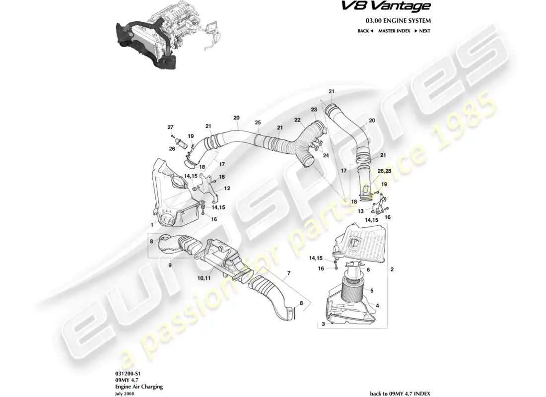 aston martin v8 vantage (2008) diagrama de piezas de carga de aire