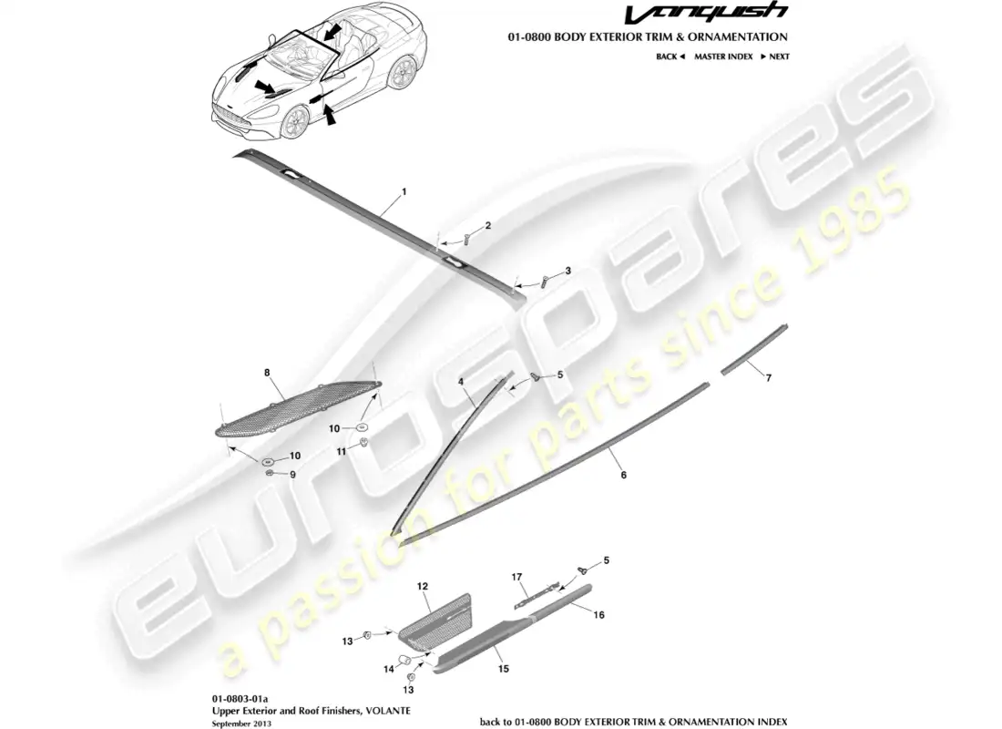 aston martin vanquish (2015) acabados exteriores superiores, volante diagrama de piezas