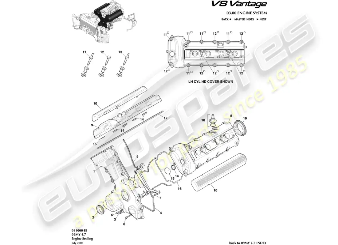 aston martin v8 vantage (2008) diagrama de piezas de sellado del motor