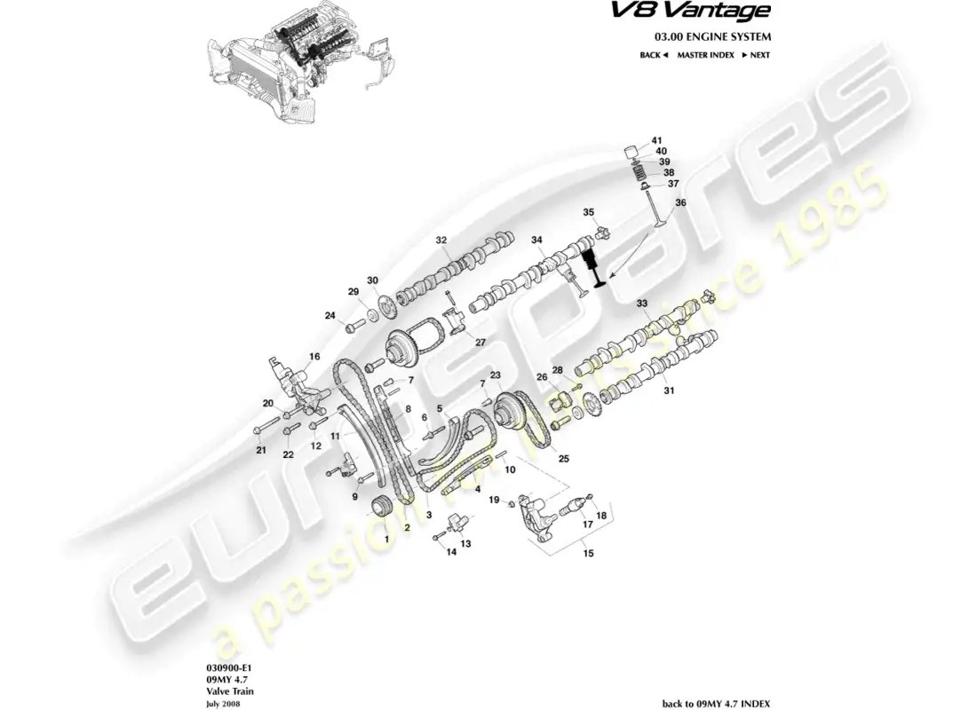 aston martin v8 vantage (2008) diagrama de piezas del tren de válvulas