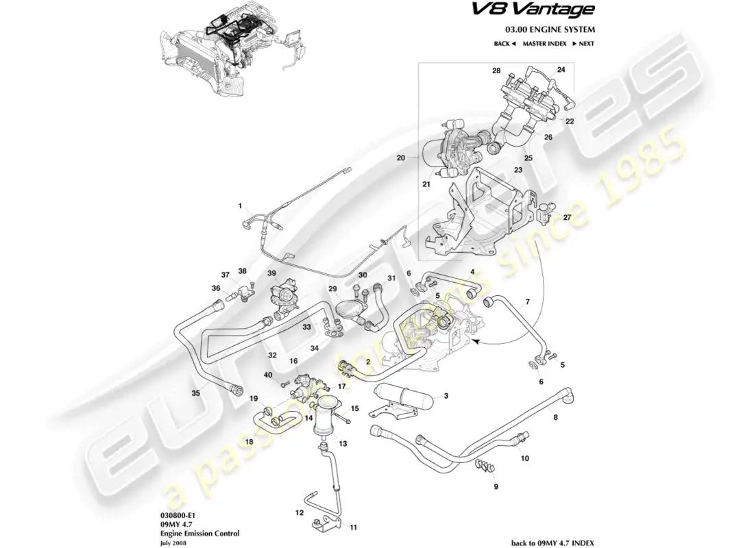 aston martin v8 vantage (2008) diagrama de piezas de control de emisiones