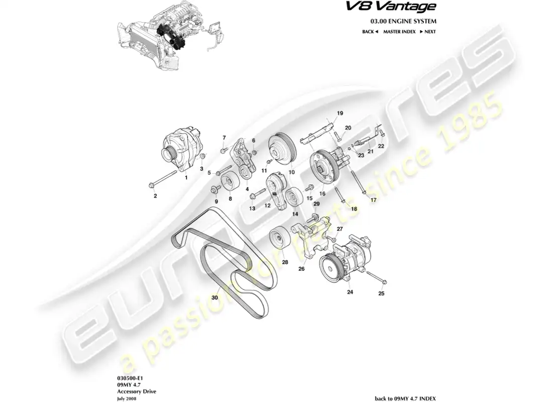 aston martin v8 vantage (2008) diagrama de piezas de transmisión de accesorios
