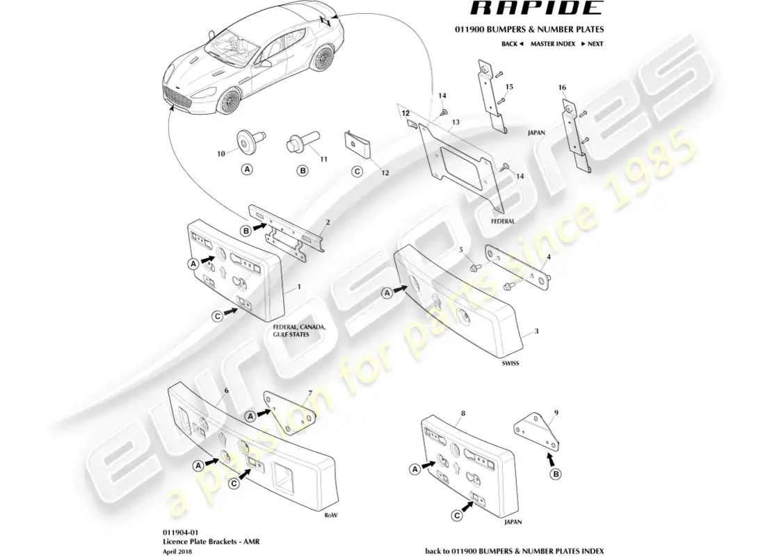 aston martin rapide (2013) zócalos de matrícula, amr diagrama de piezas